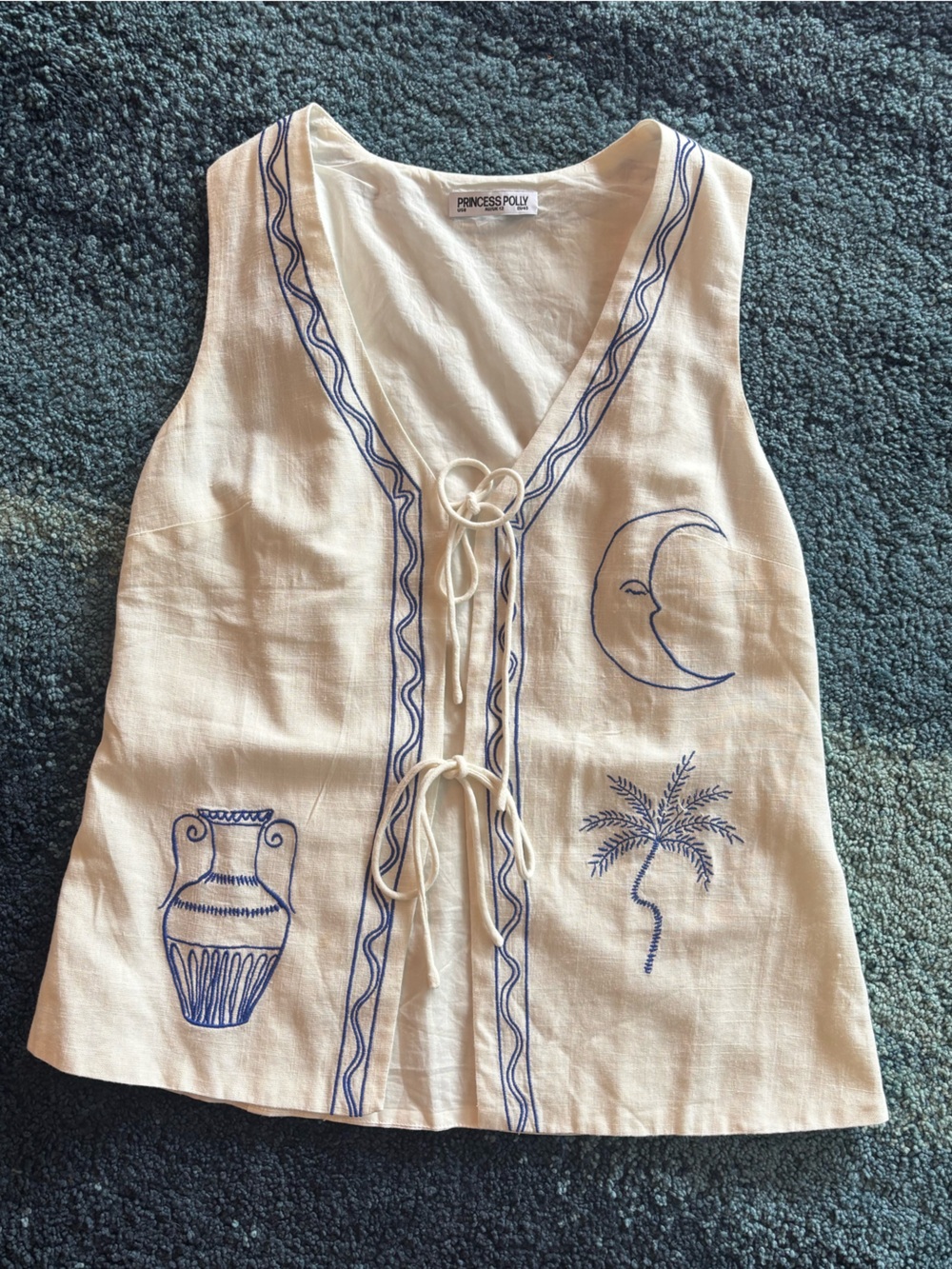 Princess Polly white blue embroidery tie front summer longline vest